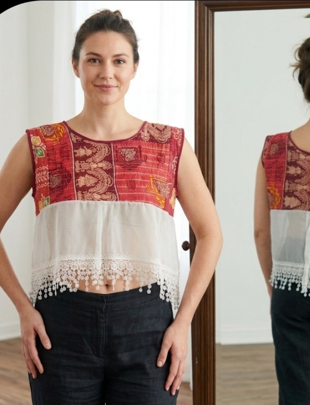 Upcycled Kantha & Sheer Lace TOP M-XL Handmade Dont Throw It Out